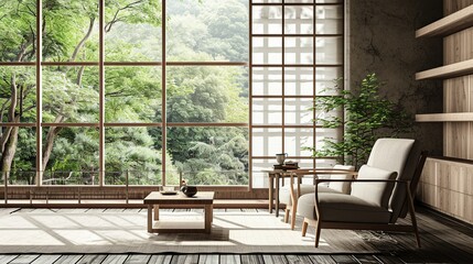 Fototapeta premium Bright Minimalist Living Room Featuring Expansive Floor to Ceiling Windows and Lush Outdoor View