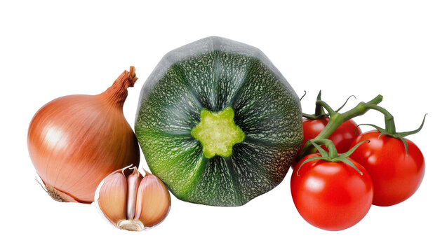 Isolated fresh vegetables assortment including onion, zucchini, garlic cloves, and vine tomatoes