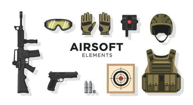 Comprehensive Set of Tactical Airsoft Equipment and Gear Icons