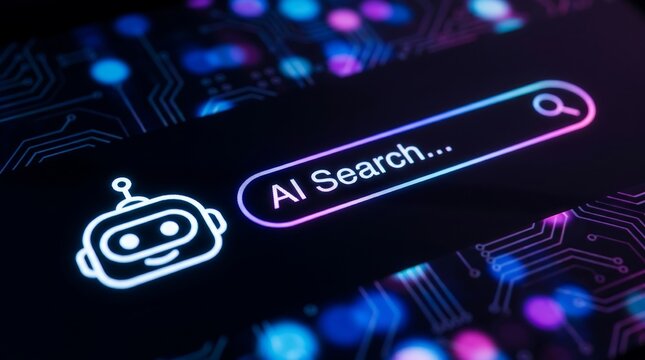 Glowing digital interface with a friendly robot icon and a search bar for artificial intelligence queries on a dark screen