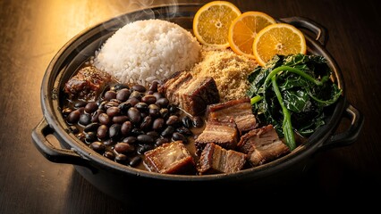 Fototapeta premium Classic Brazil national dish feijoada in iron pot with steam, rice, greens, farofa and orange garnish