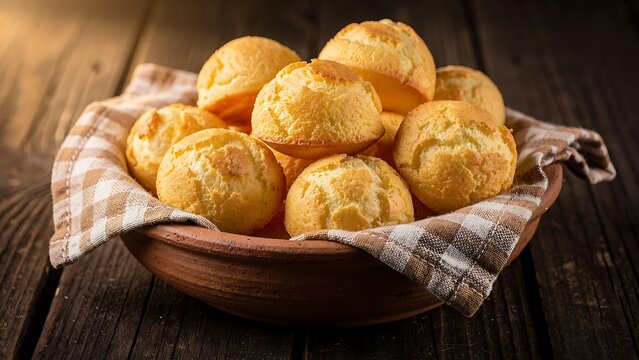 Traditional Brazilian p&atilde;o de queijo gluten free cheese rolls in clay bowl showing airy chewy texture