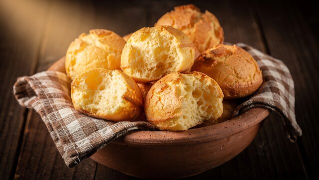 Golden Brazilian cheese bread p&atilde;o de queijo piled in terracotta bowl with linen napkin on dark background