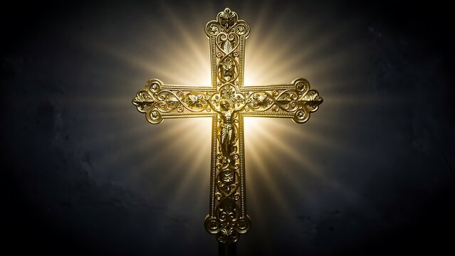 Ornate golden Christian cross with detailed floral scrollwork glowing on dark background