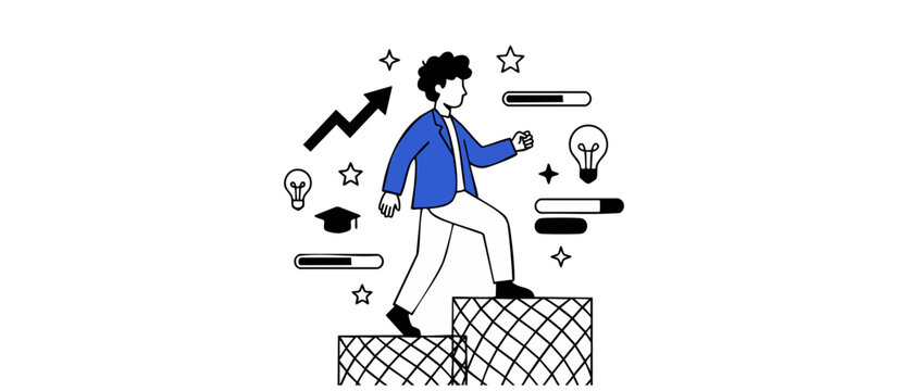 Businessman climbing career ladder illustration stepping up steps towards success, business development, education and personal self growth, startup progress concept design line art vector icon.
