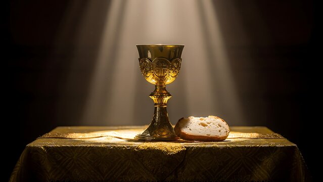 Sacred golden chalice with engraved details and communion bread on golden altar cloth dark background religion concept