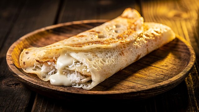 Brazilian tapioca crepe filled with shredded coconut and condensed milk on rustic wooden plate dark background