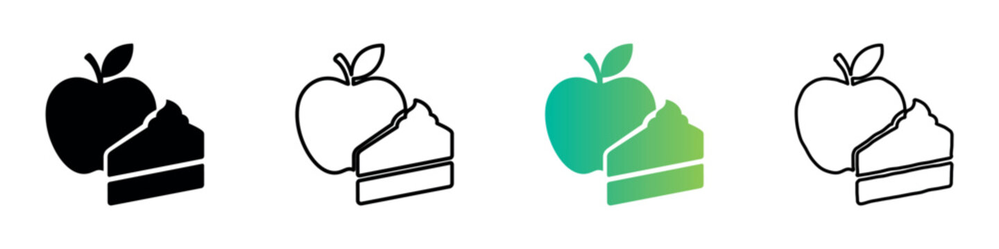 Healthy choice between apple and slice of cake icon set
