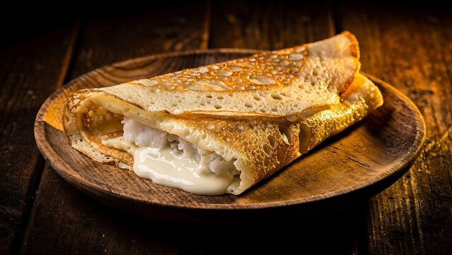 Homemade Brazilian tapioca crepe with sweet coconut and dripping condensed milk on rustic wood plate