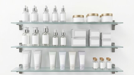 Fototapeta premium Set of blank cosmetic containers on glass shelves against a white wall background.