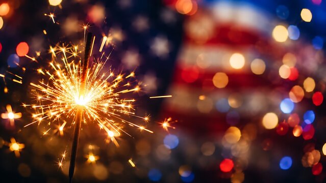 4th of July Independence Day Golden Sparkler with Patriotic Bokeh Background