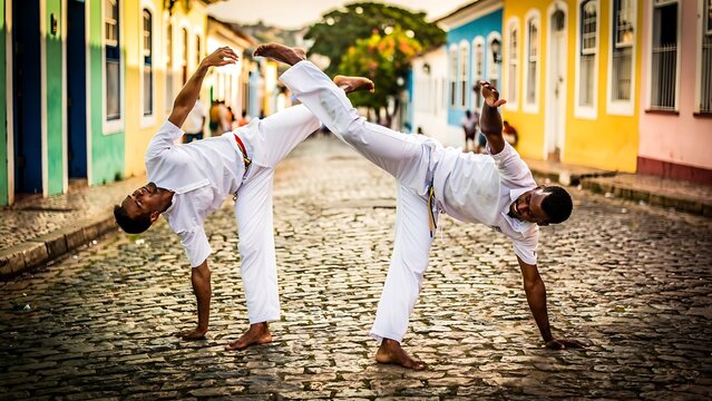 Two capoeira practitioners in white attire perform an acrobatic move in unison on a cobblestone street.