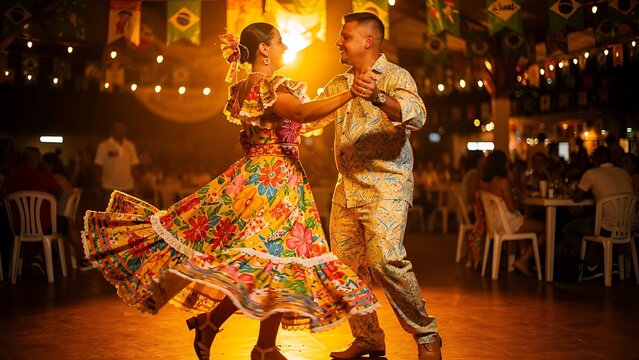 A couple dances joyfully at a vibrant festival, the woman in a colorful floral dress and the man in traditional attire, surrounded by twinkling lights and a celebratory atmosphere.