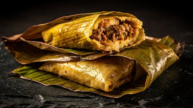 Delicious tamales wrapped in banana leaves, one cut open to reveal a savory meat filling, are artfully presented on a dark surface, showcasing traditional cuisine.
