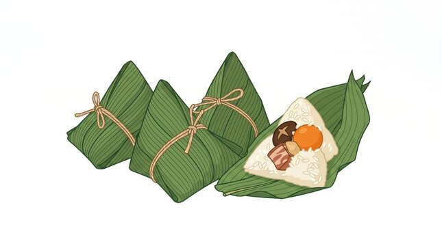 Wrapped food in green leaves on white background