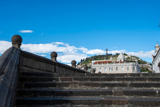 View of El Panecillo and the Virgin from the steps of San Francisco, Quito