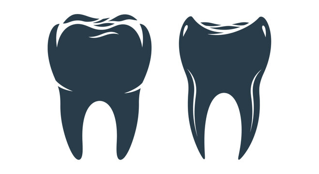 Two Dark Blue Tooth Silhouettes Isolated on White Background, Dental Health Concept