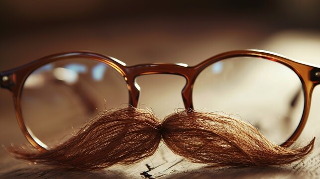 Close-up of round brown eyeglasses resting above a thick mustache, creating a humorous disguise