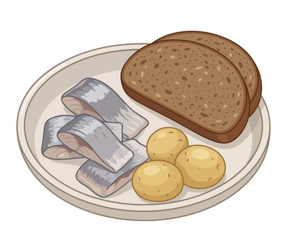 Fermented herring with potato and whole grain bread, traditional dish to Swedish cuisine - vector illustration.