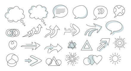 Fototapeta premium Outline Speech Bubbles, Arrows, and Geometric Shapes Icon Set on Isolated White Background