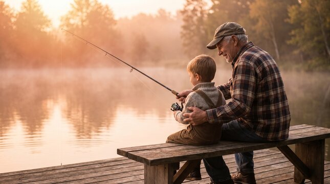 A grandfather and grandson fishing together by a calm lake at sunrise, creating a heartwarming scene of intergenerational connection and shared pastime