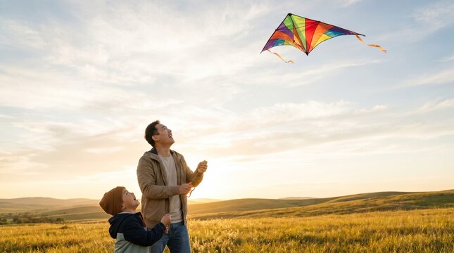 A father and son enjoying a kite flying activity in a golden wheat field during sunset. The kite is colorful and soaring high in the sky, with warm light illuminating the scene