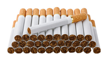 Isolated stack of cigarettes with orange filters and exposed tobacco, symbolizing an unhealthy habit. © Francisco