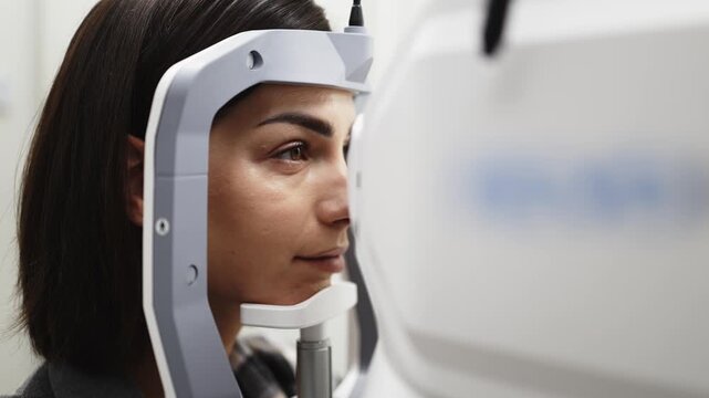 Female patient undergoing optical coherence tomography examination with advanced imaging device in a clinical setting, focused on eye health assessment and diagnostics
