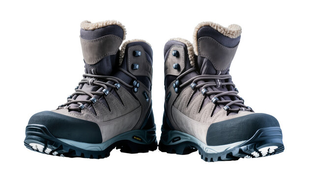 Isolated pair of sturdy winter hiking boots with warm fur lining and rugged soles for outdoor adventures