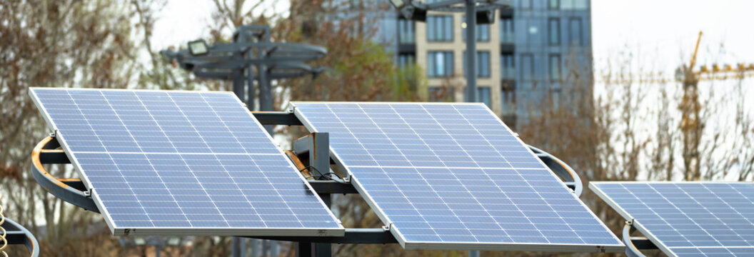 Solar power system with photovoltaic panels converting sunlight into renewable energy, symbolizing sustainability, clean electricity production,  