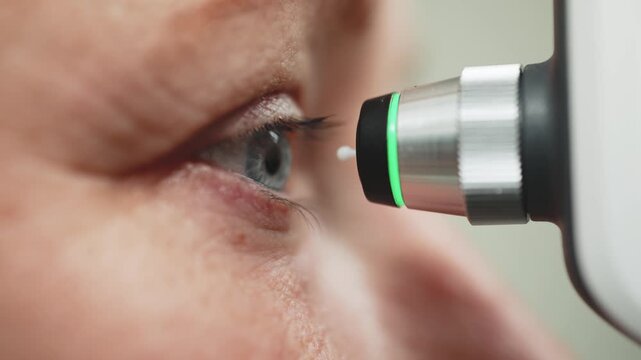 Close-up of Caucasian female patient undergoing eye examination with portable ophthalmic diagnostic device, showing detailed view of eye and equipment in clinical setting