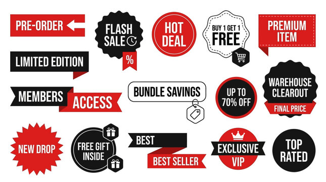 Vector illustration of various promotional stickers and labels on a virtual sale background