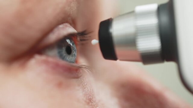 Close-up of Caucasian female eye being examined with medical device for glaucoma screening, showing detailed view of eye and equipment in clinical setting