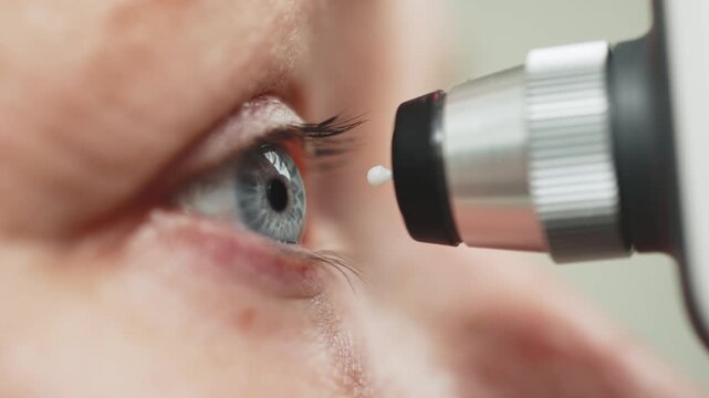 Close-up of a woman's eye during tonometry procedure, showing the eye's surface and the device approaching for measurement in a clinical setting