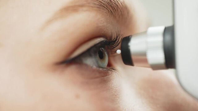 Close-up of a woman's eye during tonometry procedure, showing the eye's surface and the tonometer device approaching for measurement in a clinical setting