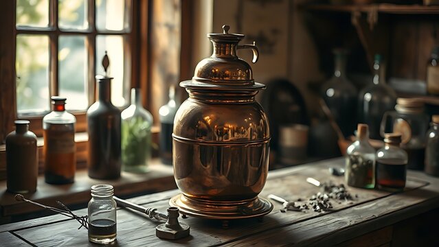 alembic. Vintage copper alembic still on a wooden workbench in an alchemist's workshop with a blurred background. STEM education sheets.