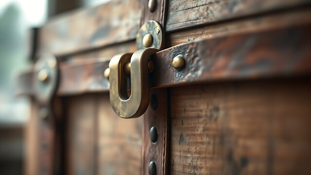 hasp. A heavy brass hasp fastened on the leather strap of an aged wooden crate. real-estate listings, architecture portfolios, designed for interior renovation comparisons for interiors.