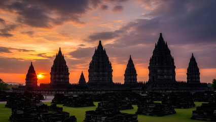 Fototapeta premium Magnificent ancient temple complex bathed in the warm glow of a breathtaking sunset, evoking a sense of wonder and history
