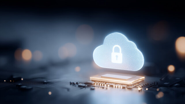 Cloud with a padlock icon above an electronic circuit board, illustrating secure cloud storage and protected data systems.
