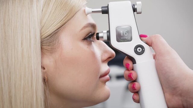 Close-up of a woman undergoing tonometry eye examination with an instrument measuring eye pressure in a clinical setting, showcasing progressive action and focus on the eye