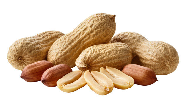 Isolated group of natural whole, shelled, and split peanuts, healthy snack food ingredient pile