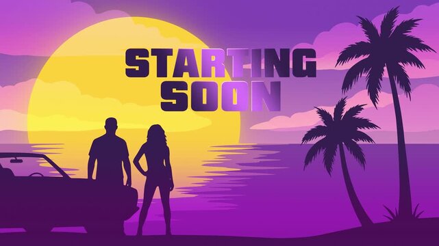 Tropical starting soon screen with couple silhouettes, palm trees, and sunset colors, ideal for livestream waiting pages, countdowns, and online broadcasts
