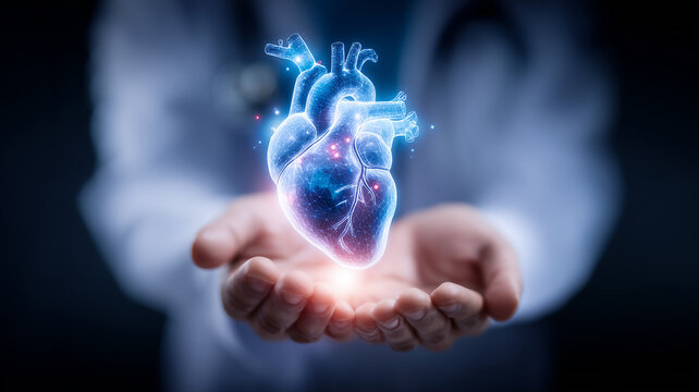 Doctor holding holographic heart above hands, symbolizing cardiology, medical innovation, healthcare technology, and heart care.
