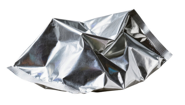 Isolated crumpled shiny silver foil packaging bag for snacks or food on plain surface