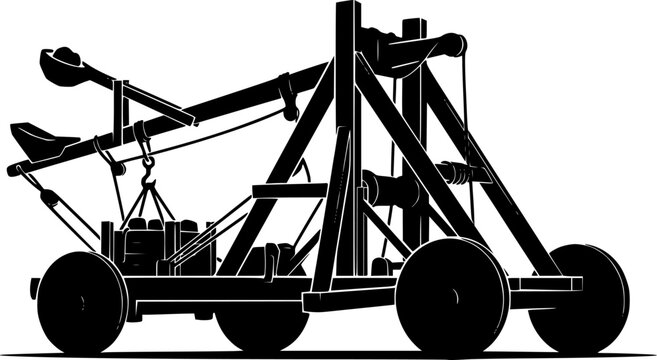 Black silhouette of a medieval catapult on wheels against a isolated on white background
