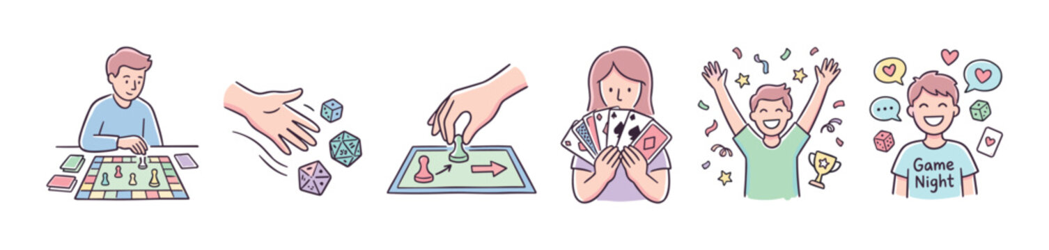 People playing board and card games enjoying various fun activities, including throwing dice, moving pieces, holding cards, and celebrating victory.