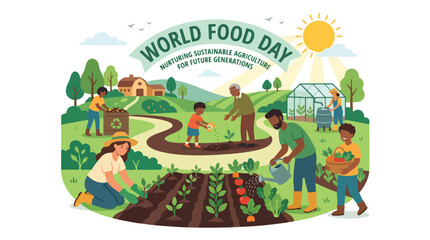 Fototapeta premium Community garden scene celebrating World Food Day with diverse people planting vegetables and enjoying outdoor