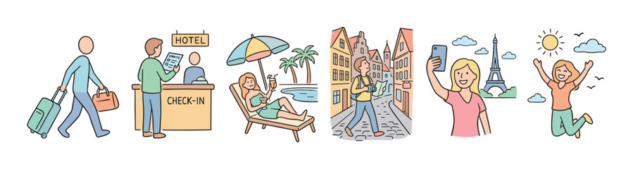 Obraz premium Happy individuals engaging in diverse travel and vacation experiences, from hotel check-in to exploring new destinations and relaxing by the pool.