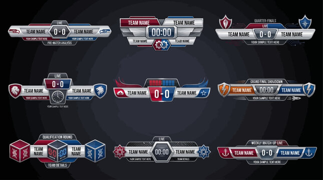 Futuristic esports scoreboard templates set with team versus bars and match statistics graphics for broadcast