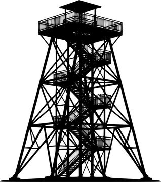 Black silhouette of a watchtower with a staircase and railing on a isolated on white background
